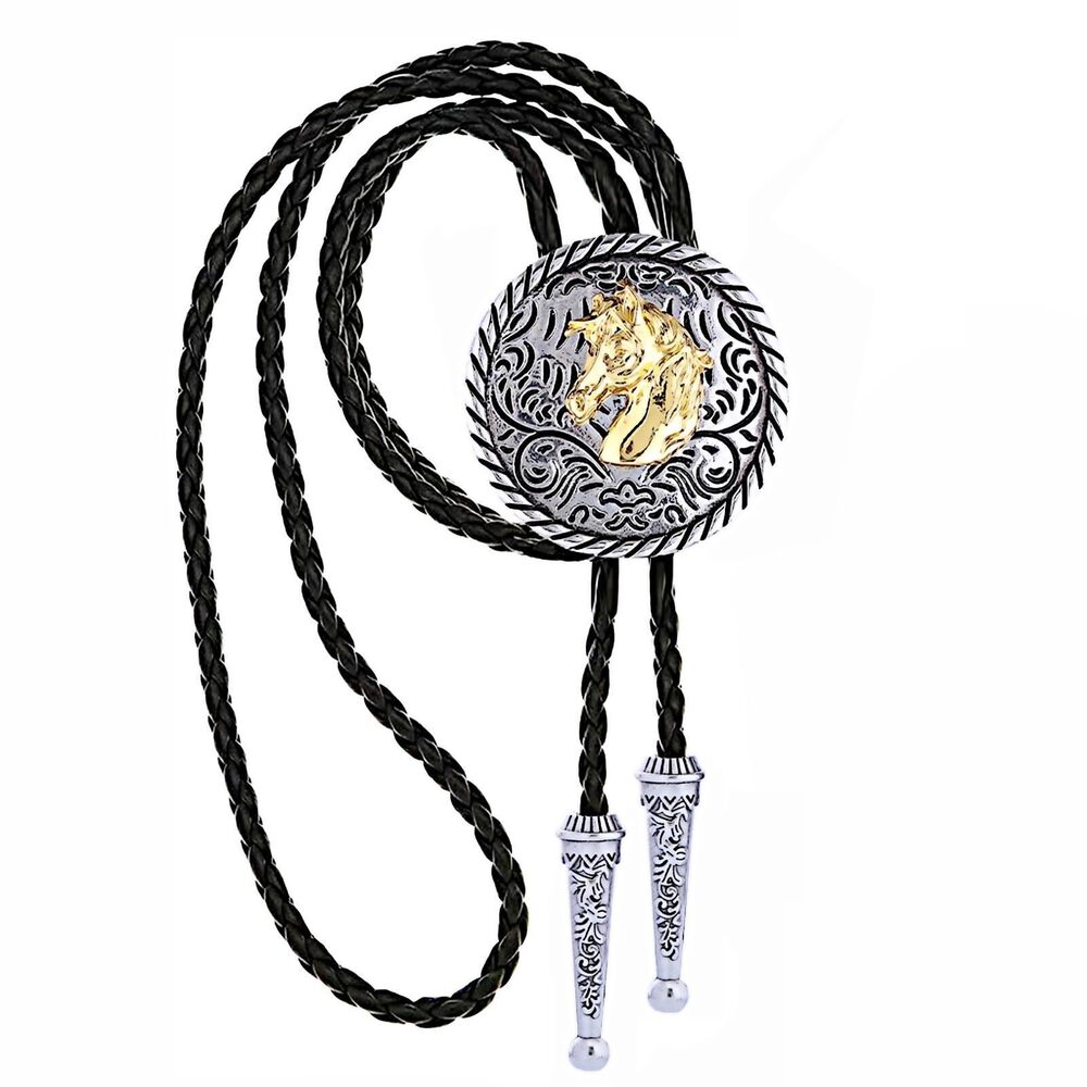 1238 Western Ties Gold Bolo Tie Silver Gold Round Horse Head Necklace